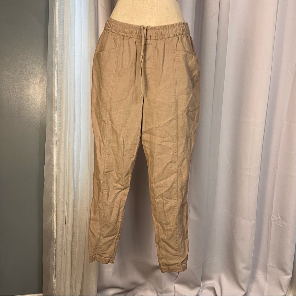 Women’s linen blend casual brown pants size small w/ pockets stretch waistband